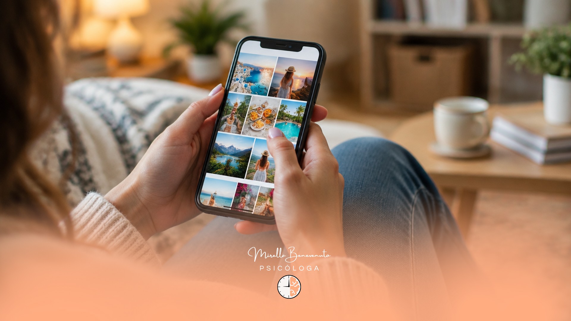 Mulher rolando o feed de redes sociais com fotos de viagens e momentos perfeitos