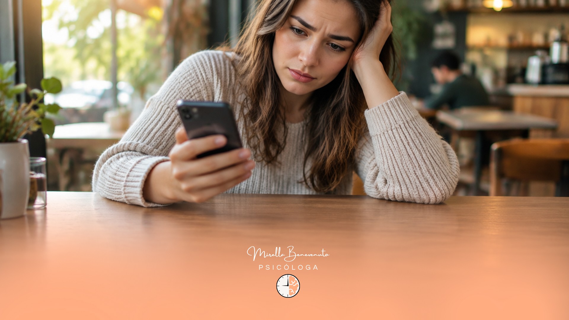 Mulher em um café olhando o celular com expressão preocupada, sentindo a necessidade de checar as redes